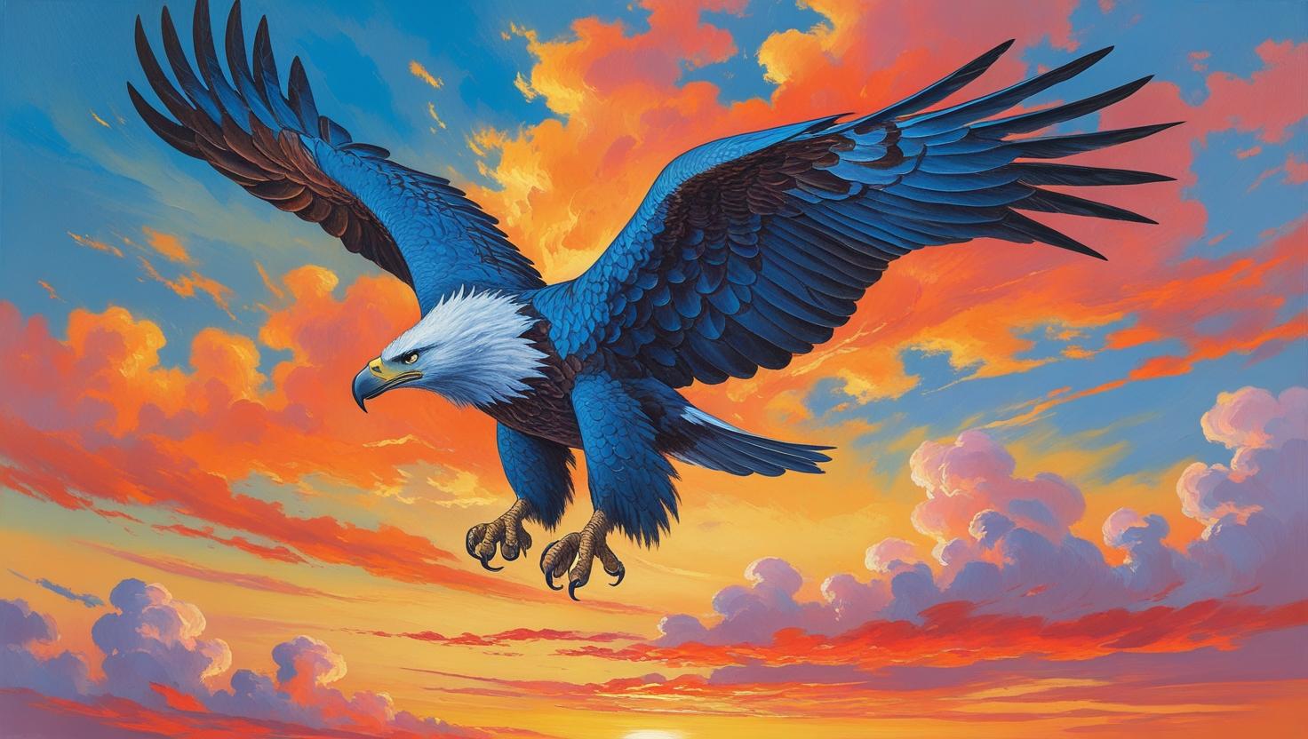 ציור שמן מואר של נשר כחול עף בשמיים בשקיעה (3).jpg