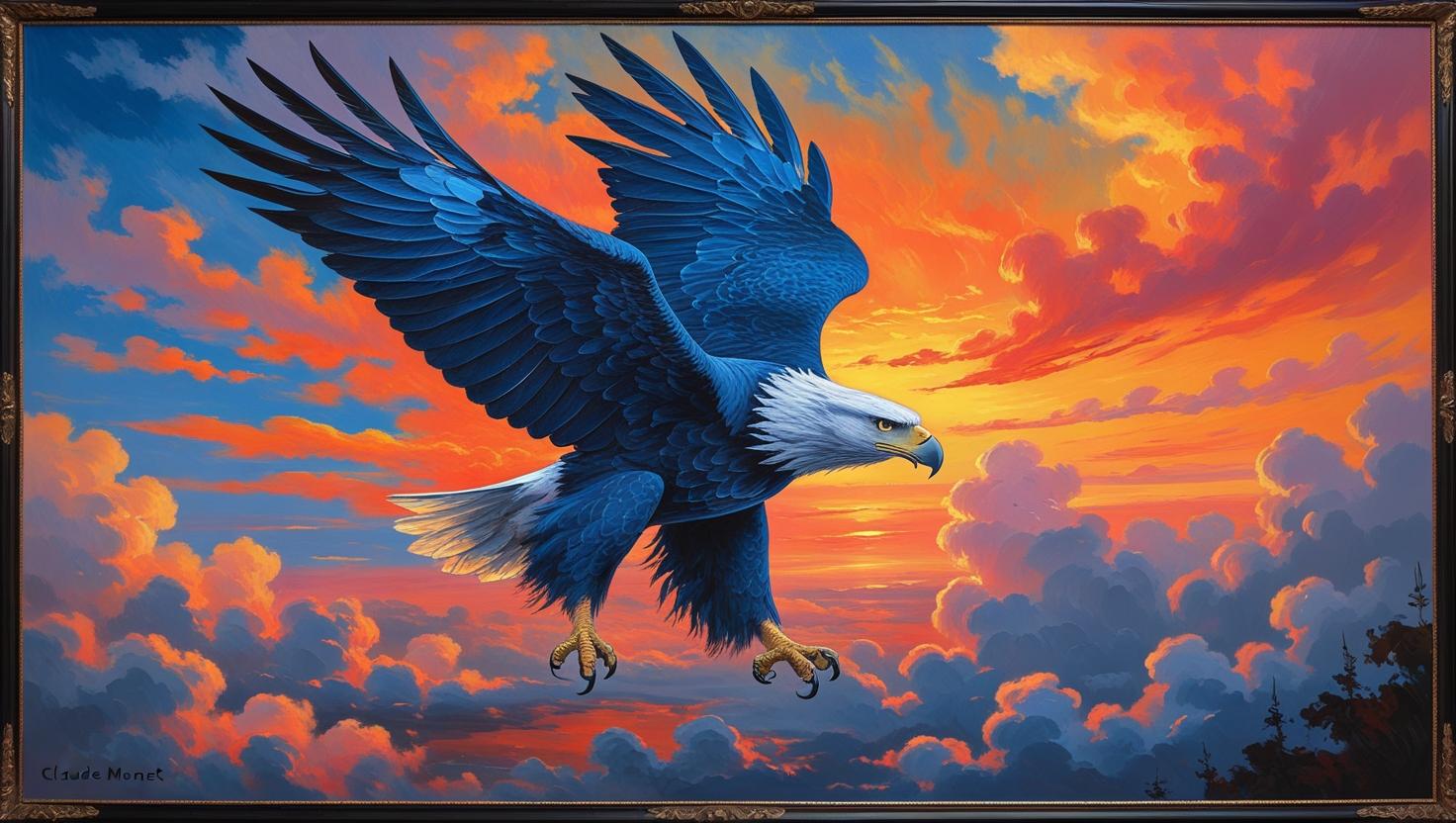 ציור שמן מואר של נשר כחול עף בשמיים בשקיעה.jpg