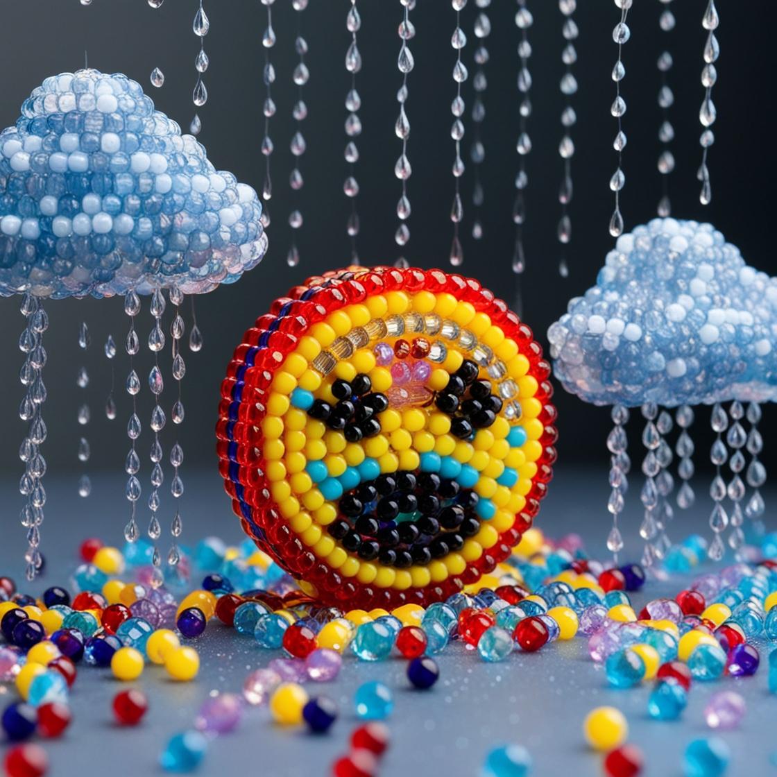 צרו תמונה של אימוג'י בוכה באמצע ועננים שמורידים גשם  סביבו. הגשם והאימוג'י עשויים מחרוזים..jpg