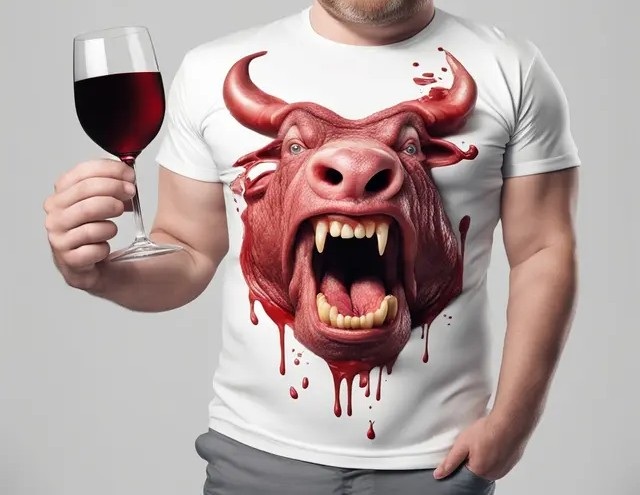 צרו תמונה של חולצת טריקו עם אפקט תלת מימד ריאליסטי בן אדם ענק אוכל בשר ויין, שהפרצוף שלו יהיה ...jpg