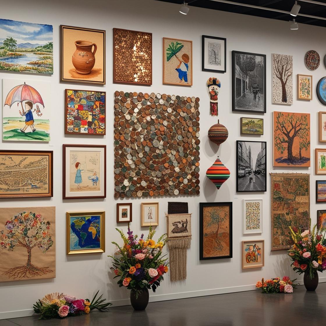 קיר עמוס ביצירות אומנות מגוונות בסגנונות וטכניקות שונות,... ר ... של כדור, סביבון עשוי עץ, ציו...jpg