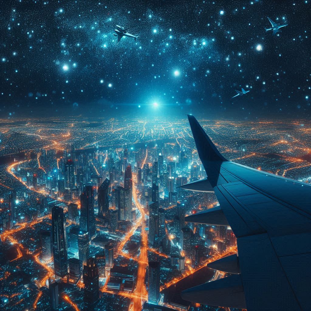 רואים מבעד לחלון של מטוס, את קצה הכנף, ועיר קסומה בלילה עם אלפי אורות מנצנצים (1).jpeg