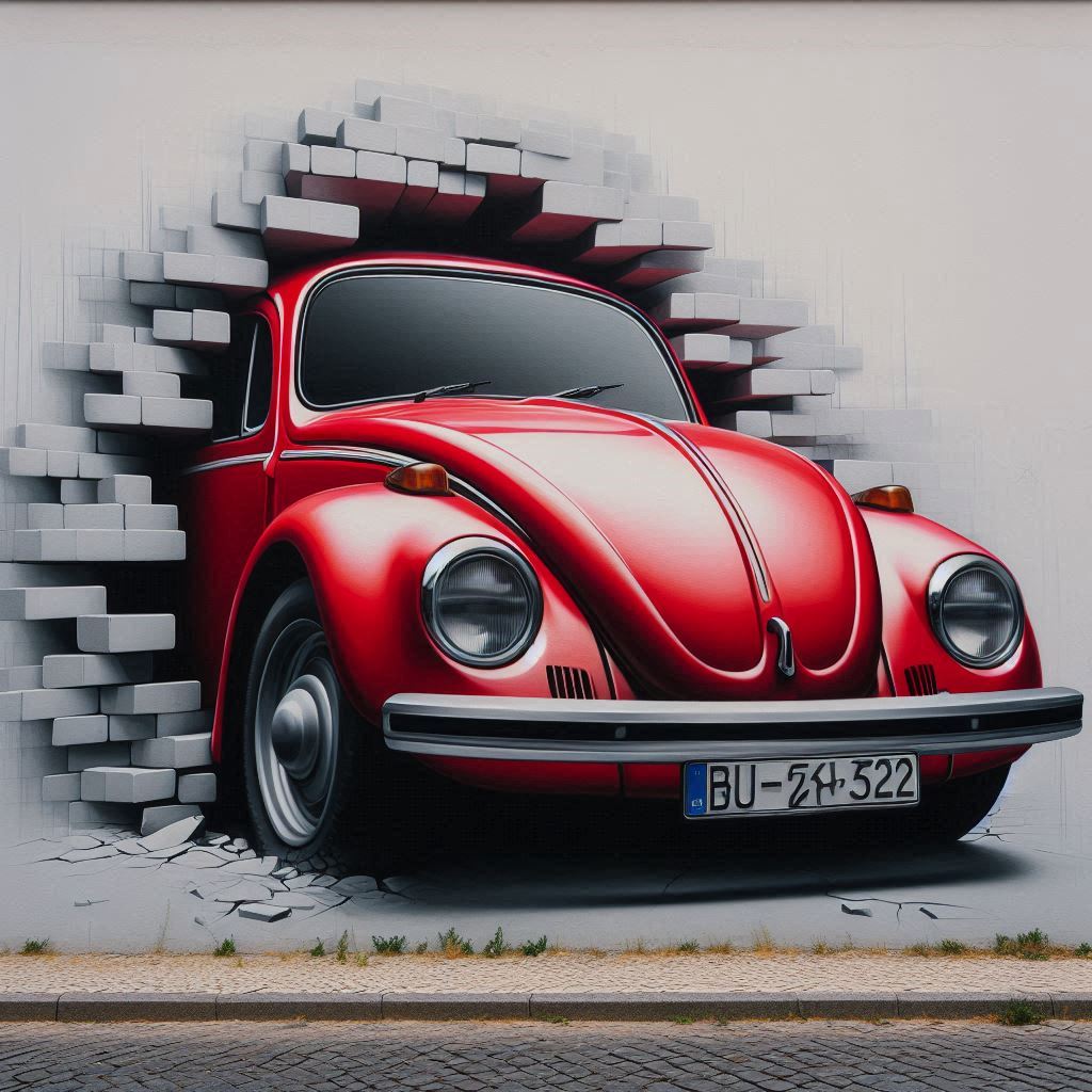 רכב חיפושית אדום אמיתי מאחורי קיר ועל הקיר ציור גרפיטי שממשיך את הרכב.jpeg