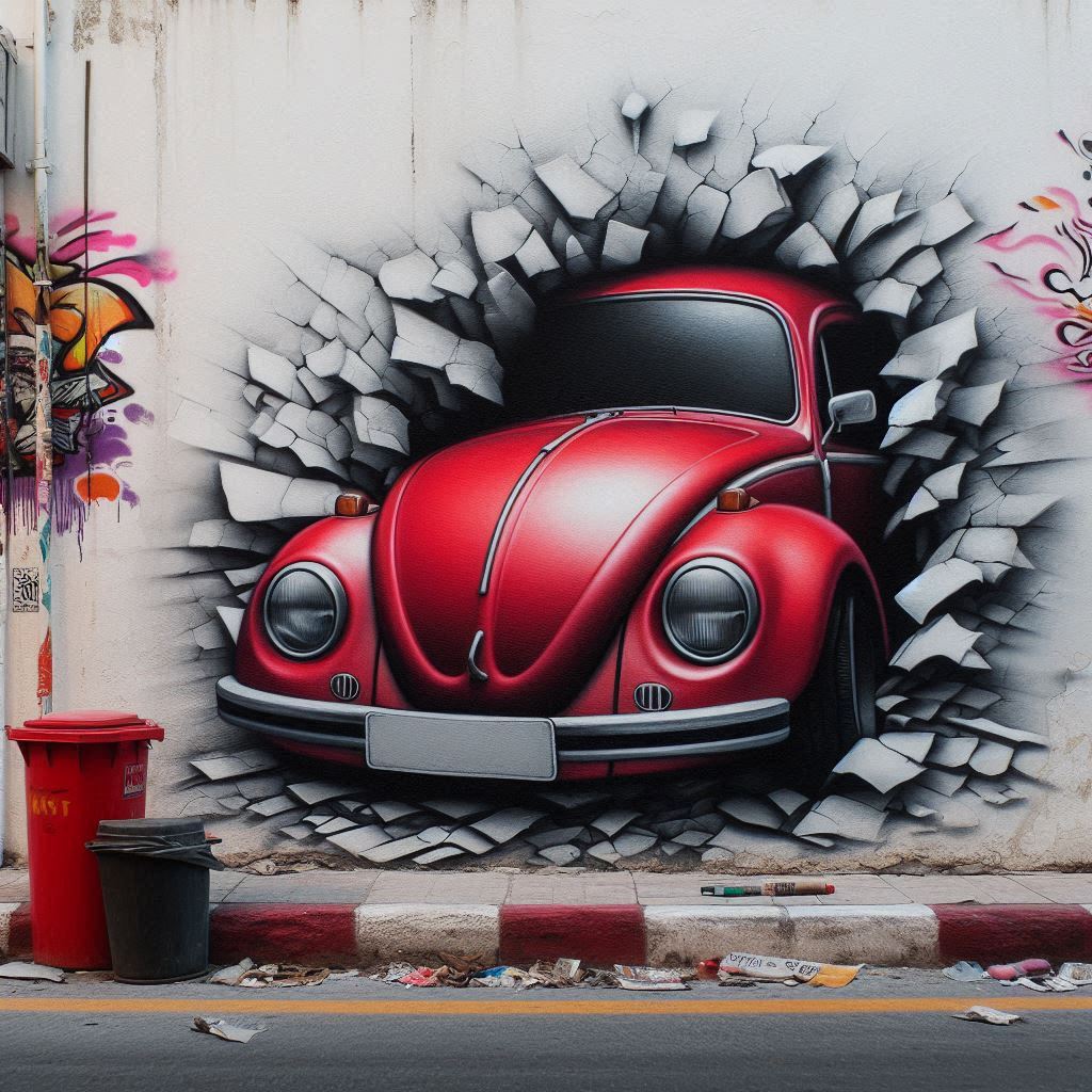 רכב חיפושית אדום מציץ מאחורי קיר ועל הקיר ציור גרפיטי שממשיך את הרכב.jpeg