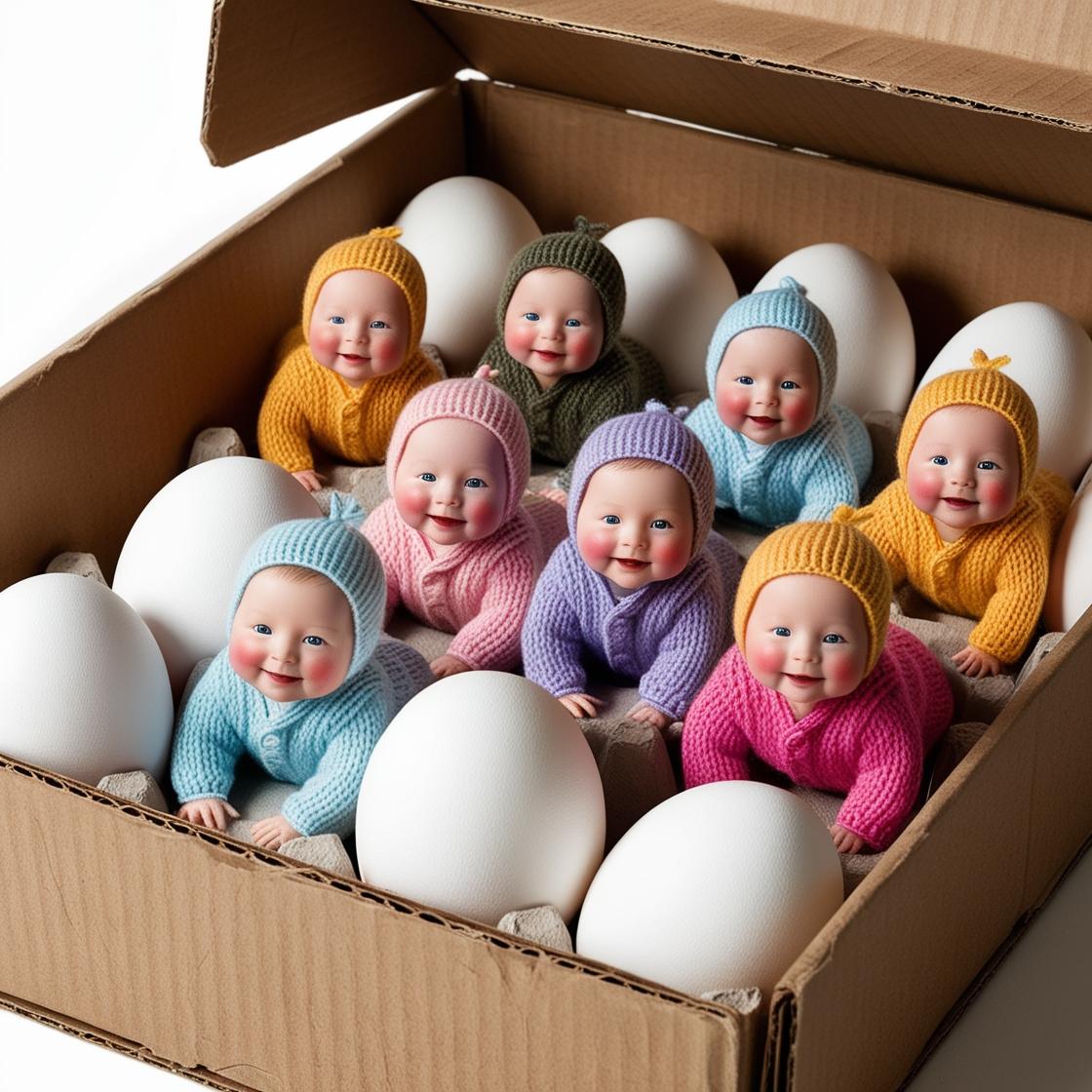 שיירה של תינוקים מניאטורים זוחלים בין ביצים לבנות ענקיות שנמצאות באריזת קרטון.jpg