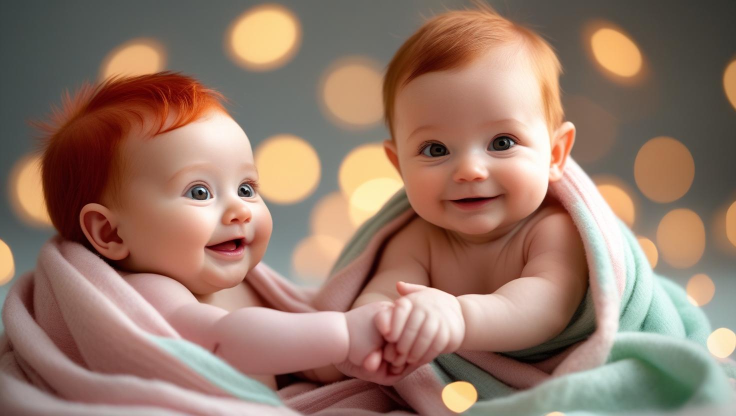 שני תינוקות חמודים. הראשון הוא ג'ינג'י עם שיער אדום, גדול יחסית, עם עיניים בורקות ופנים ממלאות...jpg