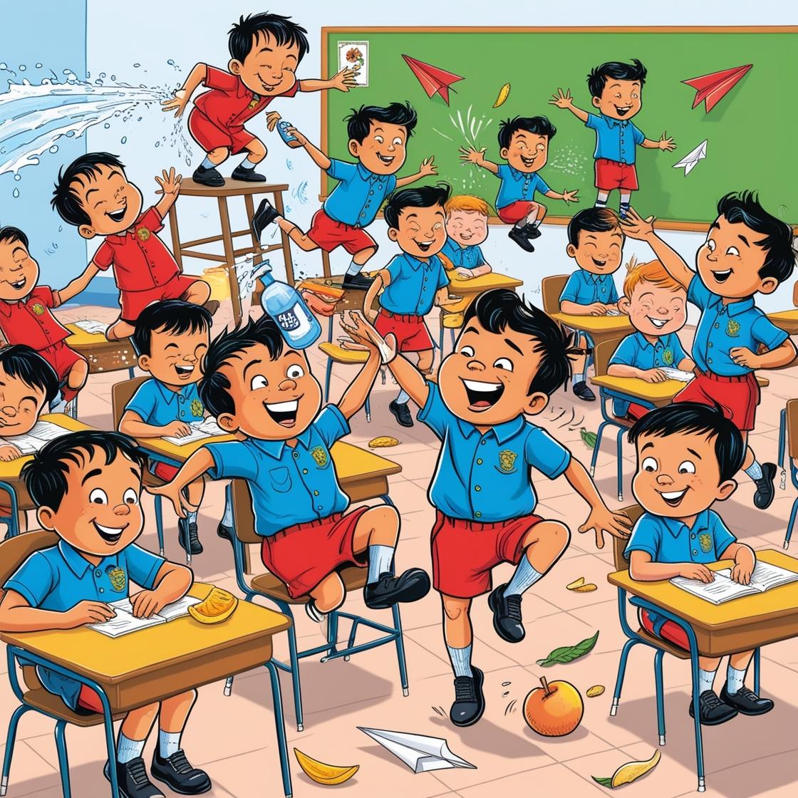 תוכל ליצור לי תמונה בסגנון הומוריסטי של כיתה, שיש בה שולחנות וכסאות והרבה ילדים בנים בני 7-8 ל...jpg