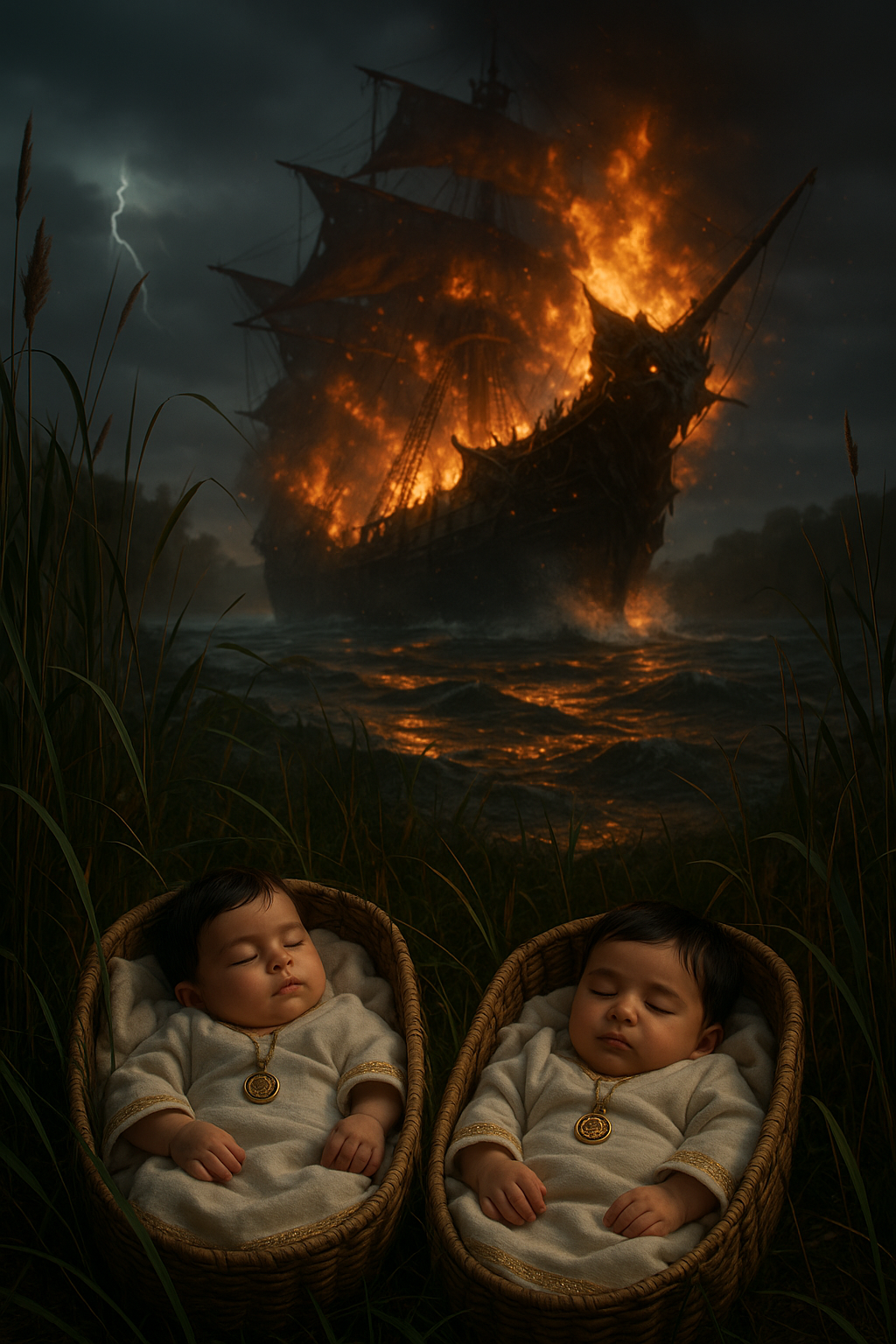 תינוקות בד baskets ליד ספינה בוערת.png
