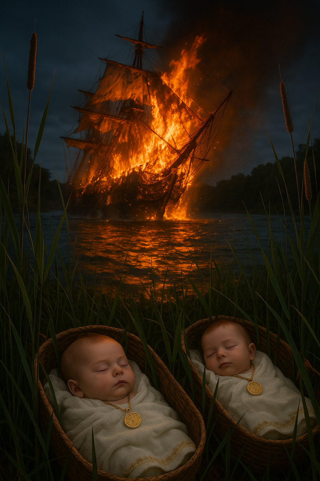 תינוקות בשינה לצד סירה בוערת.png