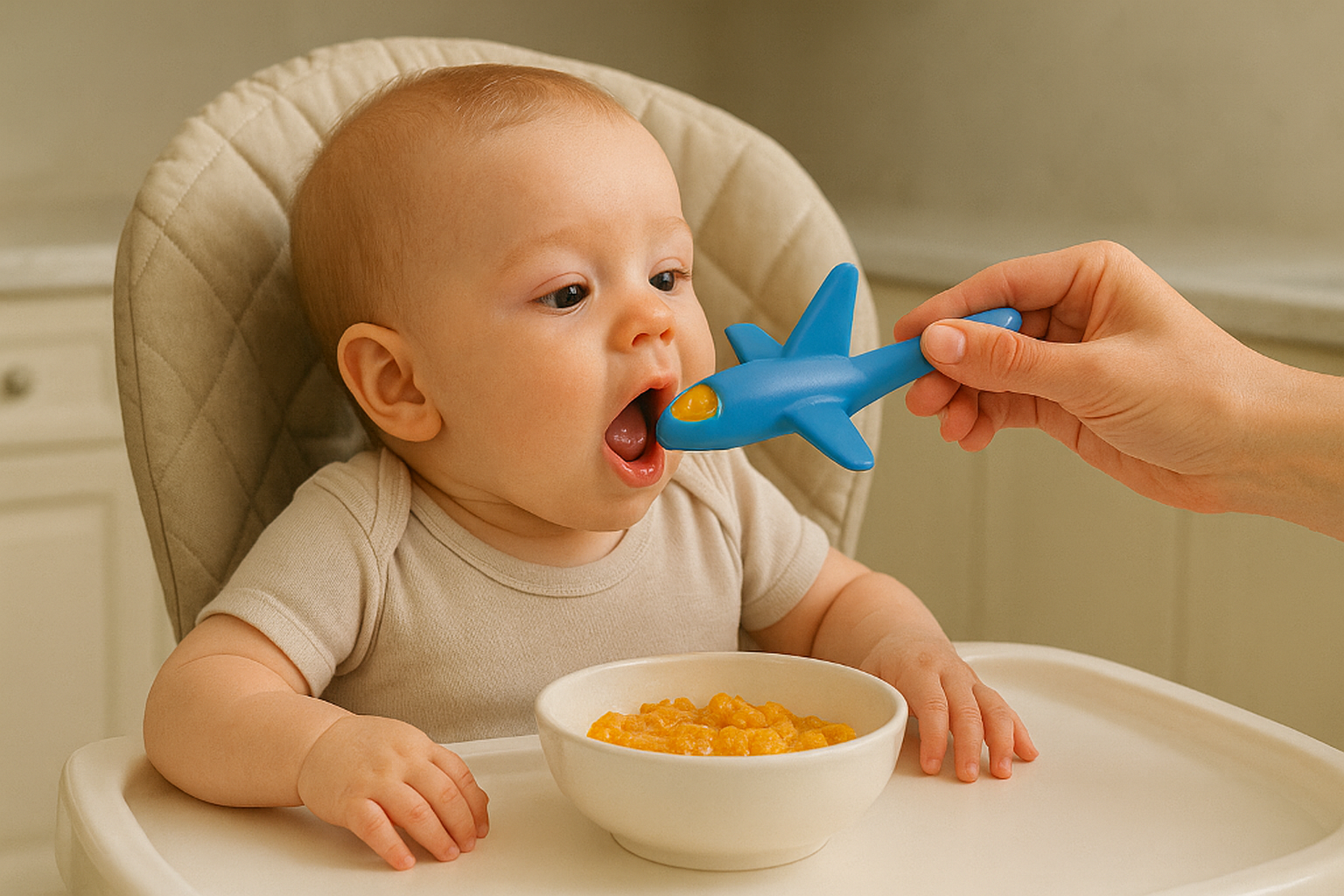 תינוק אוכל בכיסא אוכל עם כף מטוס.png