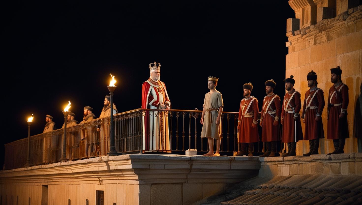 תיצור לי סצנה שקוראת על גג של ארמון עתיק, בסצנה רואים במבט על 2 מלכים, אחד _20250407_163548_0000.jpg