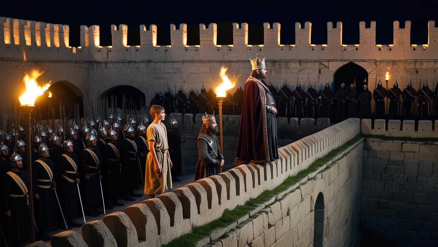 תיצור לי סצנה שקוראת על גג של ארמון עתיק, בסצנה רואים במבט על 2 מלכים, אחד _20250407_163552_0000.jpg