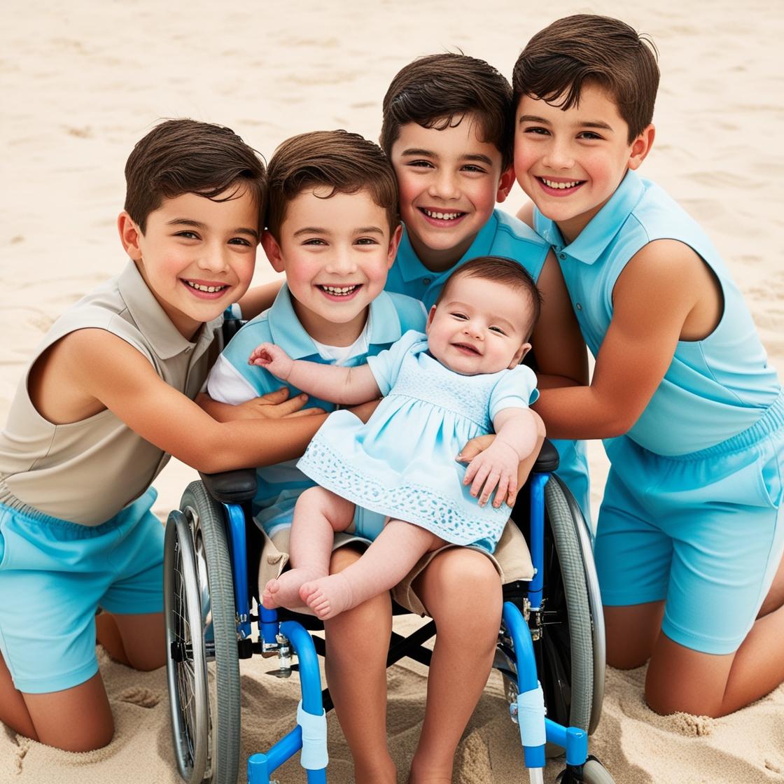 תיצור לי תמונה של ילד קטן כבן 4 לבוש בגדים בצבע תכלת - בז',  הילד יושב בכסא גלגלים . מסביבו נמ...jpg