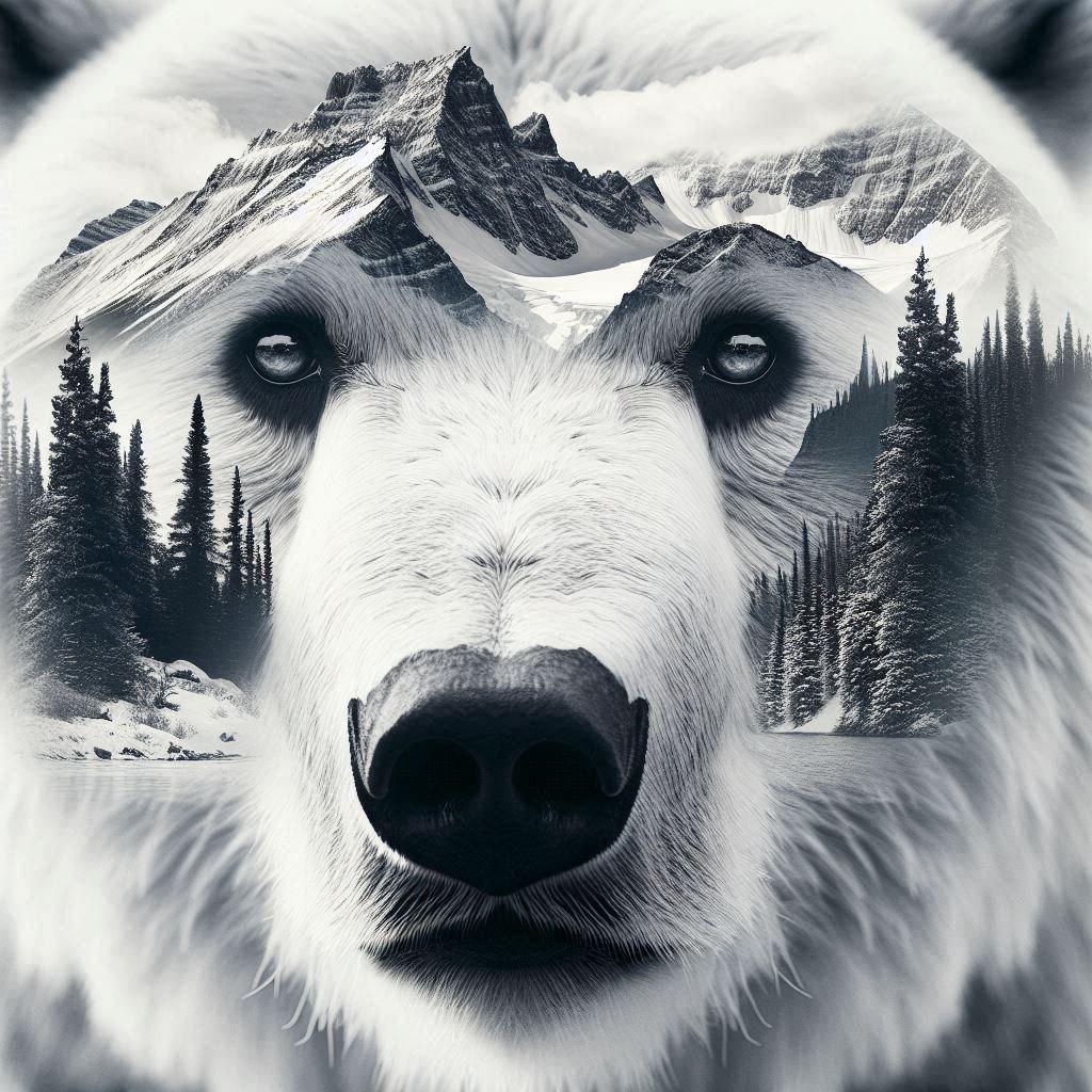 תמונה בחשיפה כפולה המשלבת את פניו של דוב לבן בתקריב יחד עם נוף פראי של הר מושלג. פני הדוב צרי...jpeg