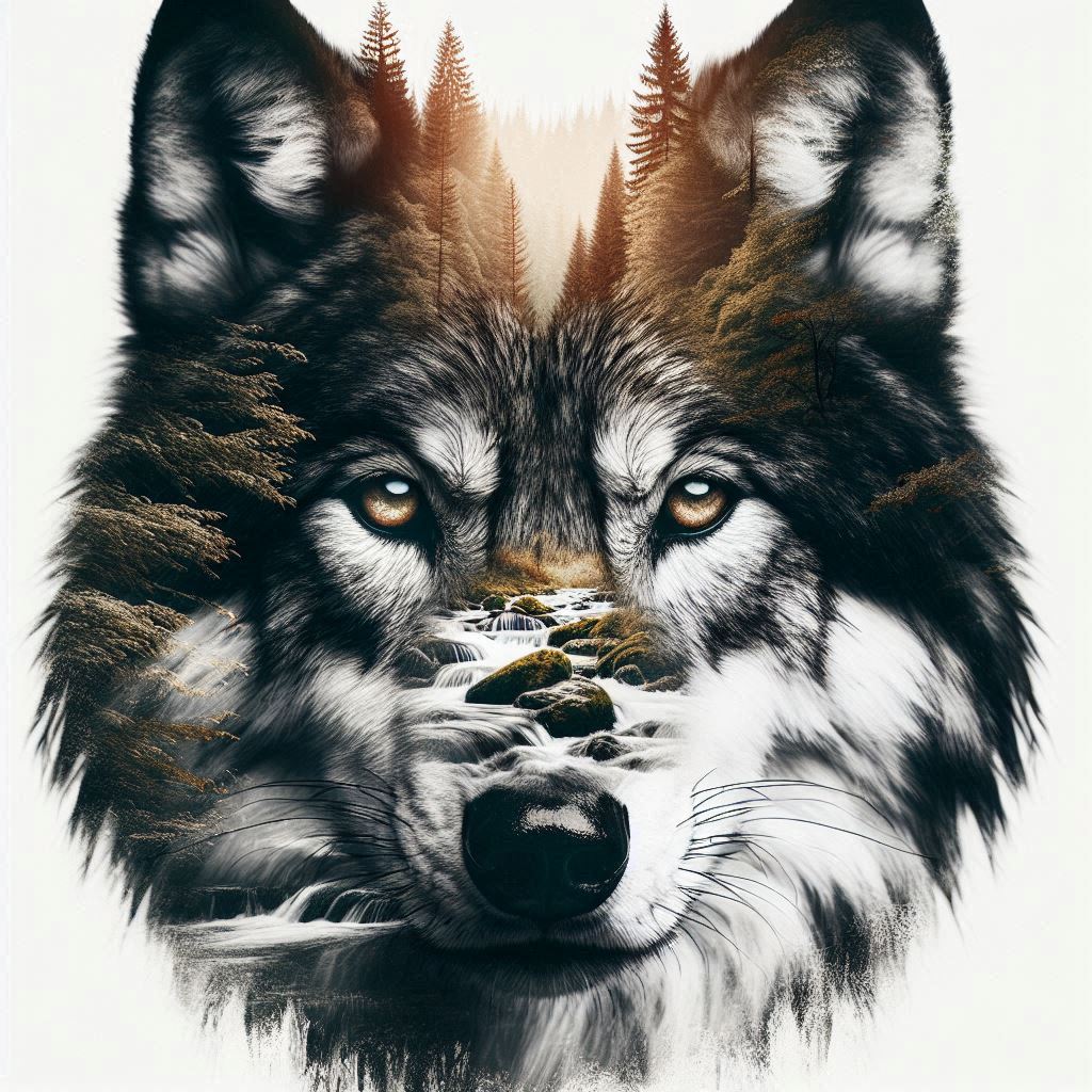 תמונה בחשיפה כפולה המשלבת את פניו של זאב בתקריב יחד עם נוף פראי של יער. פני הזאב צריכים להשתל...jpeg