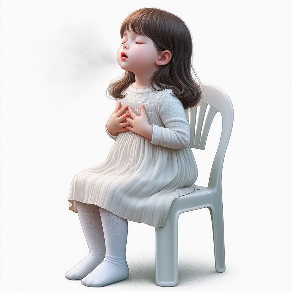 תמונה בסגנון ריאליסטי של ילדה קטנה מתוקה יושבת על כסא פלסטיק קטן  לבושה בשמלת מקסי פשוטה עם ש...jpeg