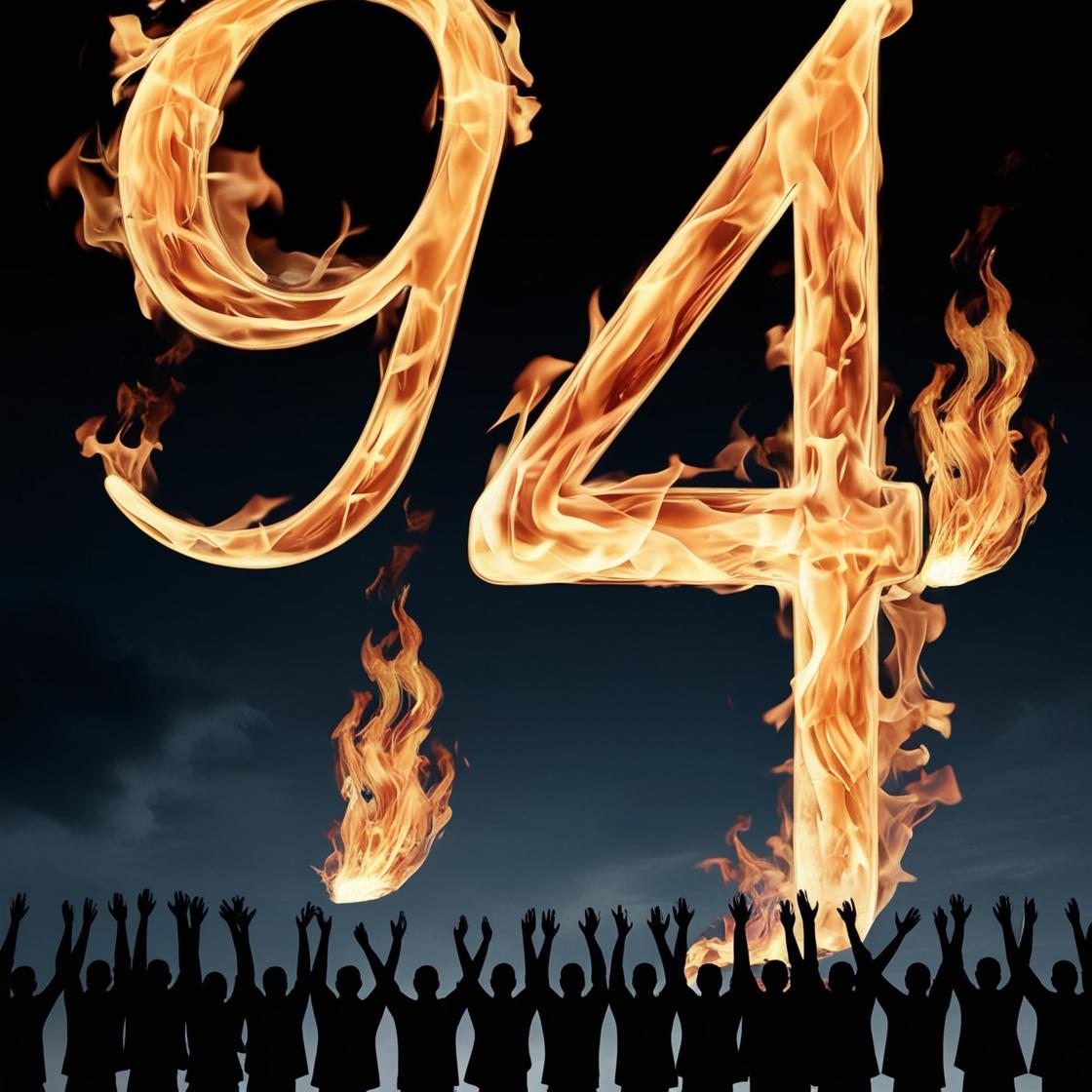 תמונה ברמה גבוהה של המספר 94, עשוי מלהבות אש אמיתיות מרחפות על רקע שמים שחורים. המספרים עצמם ל...jpg