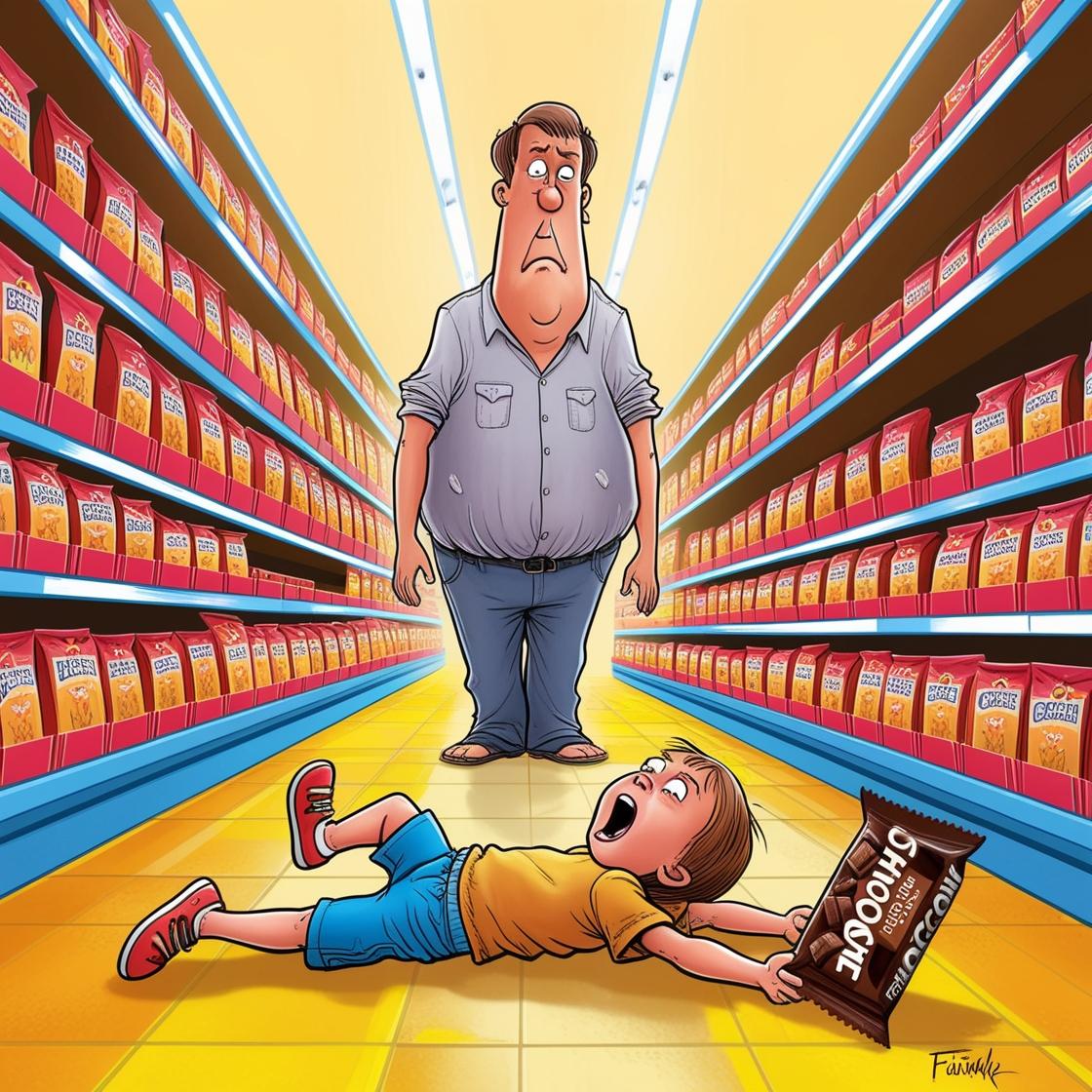 תמונה הומוריסטית של אבא גבוה  עומד נבוך ואובד עצות מול ילד קטן ששוכב על הרצפה וצורח בסופרמרקט ...jpg