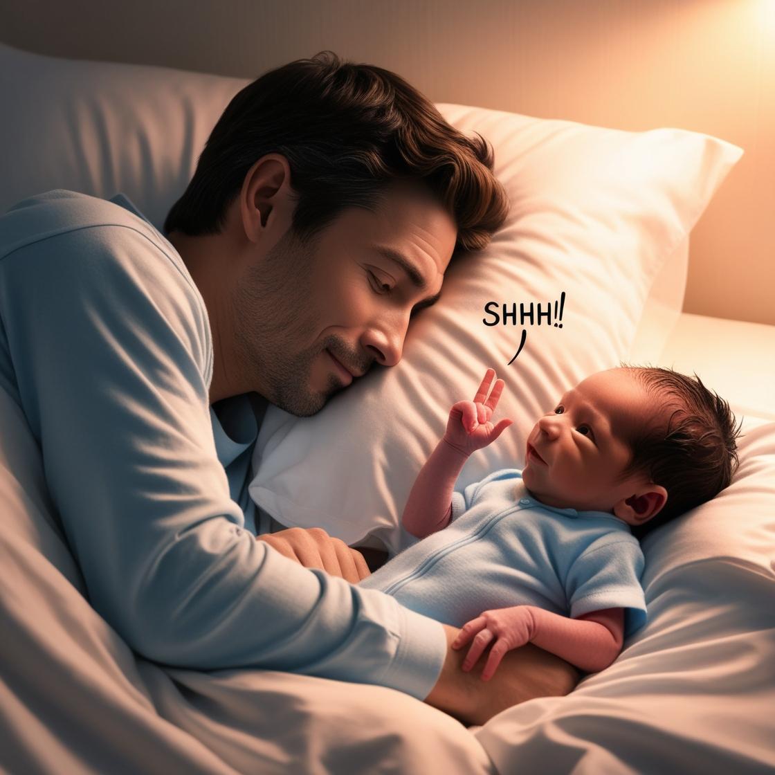 תמונה ובה רואים אבא נסה לישון במיטה ולידו רואים תינוק פיצי ניו-בורן לבוש בגדים תכולים, עינייו ...jpg