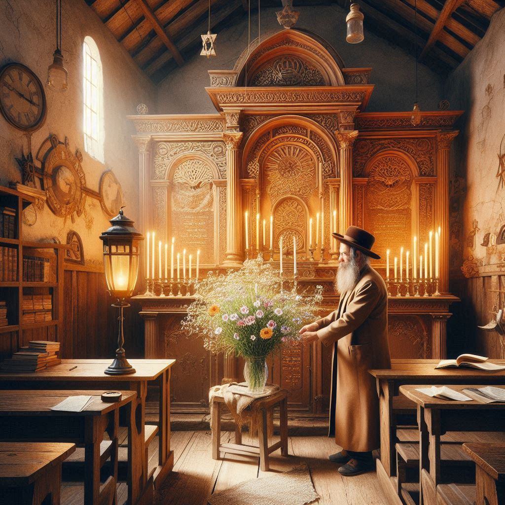 תמונה מדהימה ויפה שלבית כנסת יהודי אורטודוכסי קטן ופשוט, עם תקרה יחסית נמוכה ועם ספסלי עץ ואר...jpeg