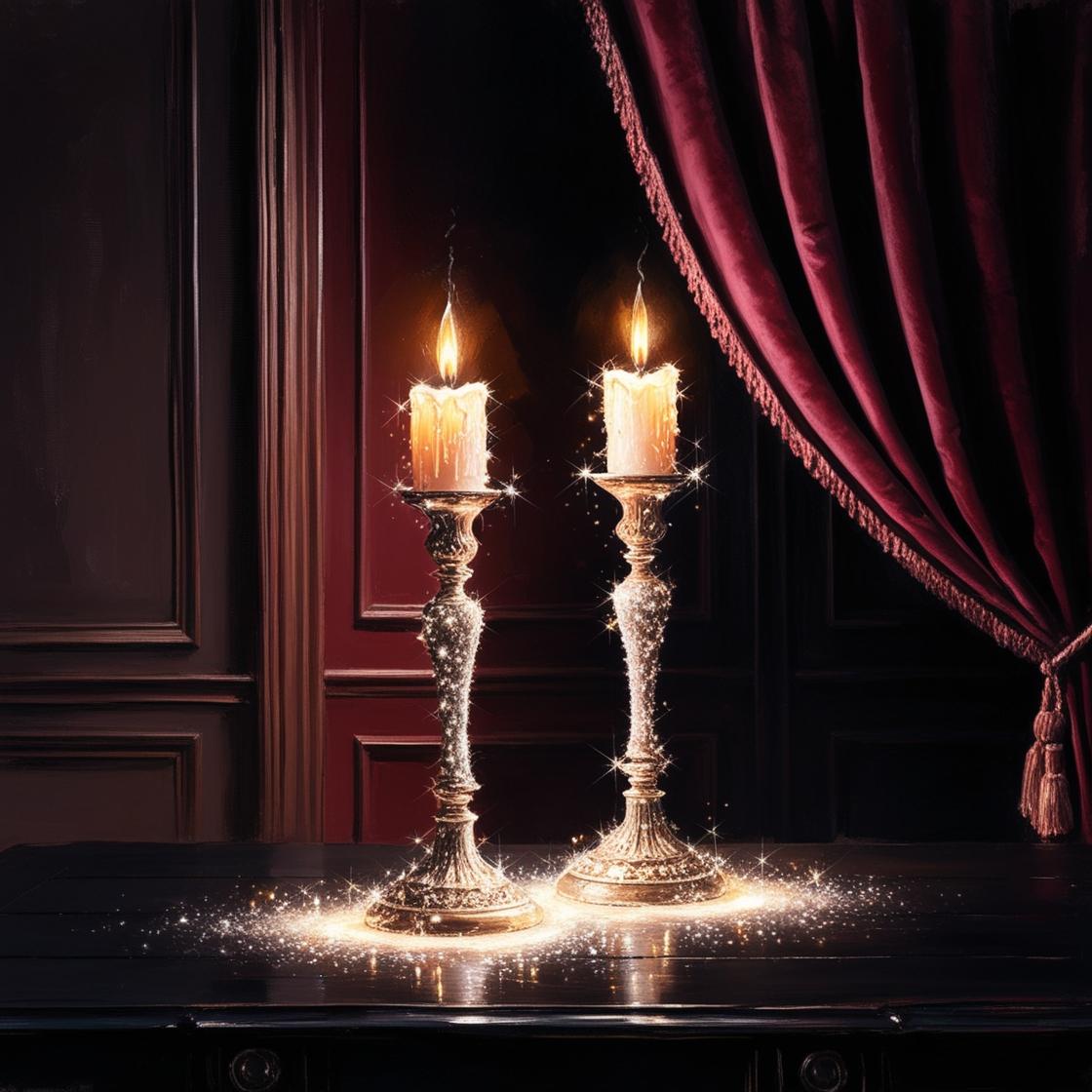 תמונה קסומה של חדר חשוך ובו 2 פמוטים עם נרות עומדים על שולחן. הפמוטים והנרות עצמם עשויים מנצנו...jpg