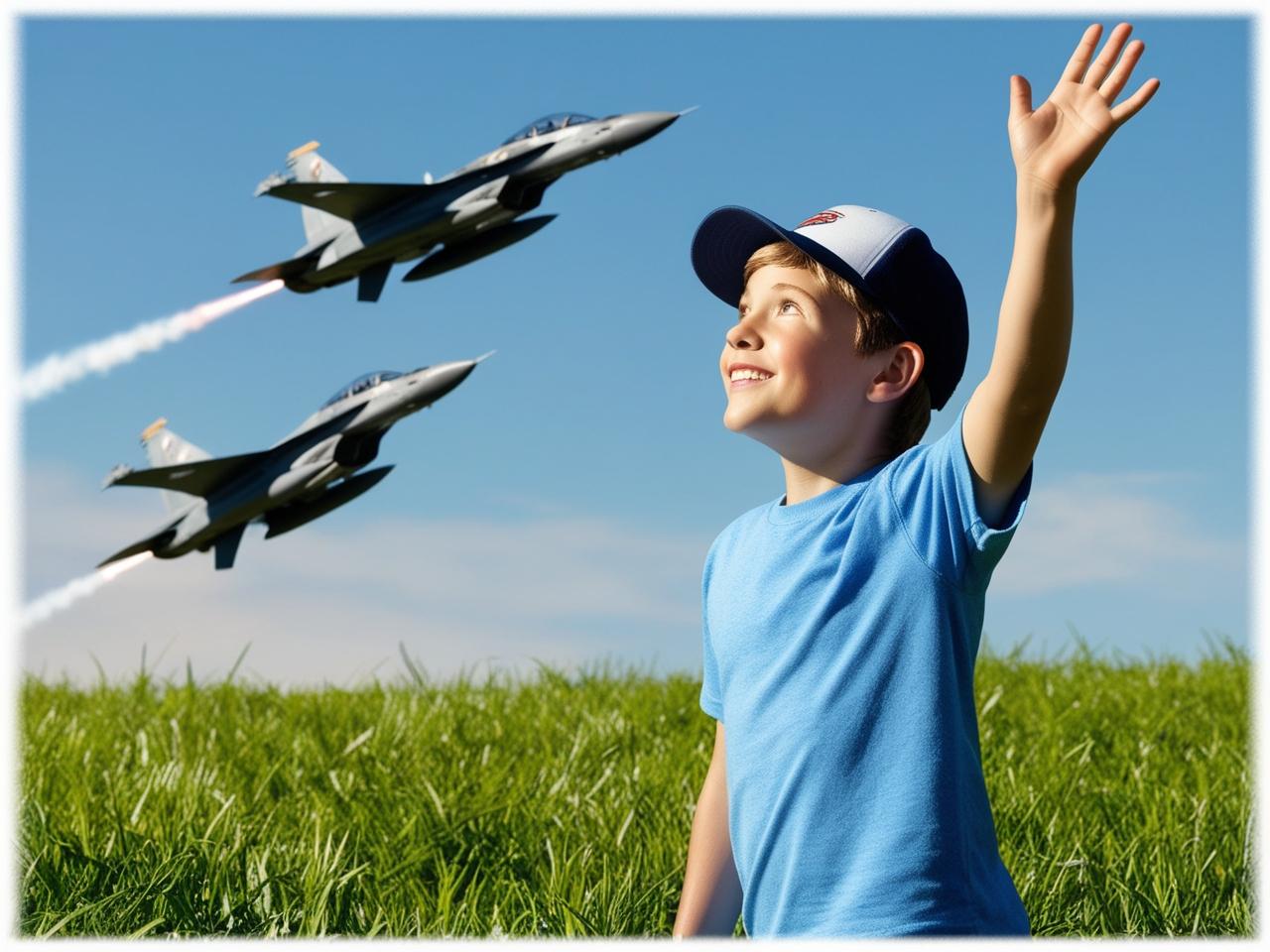 תמונה ריאליסטית אמיתית של ילד כבן 8 עם כובע על הראש עומד בשדה עם דשא ירוק ומרים עיניים למעלה ל...jpg