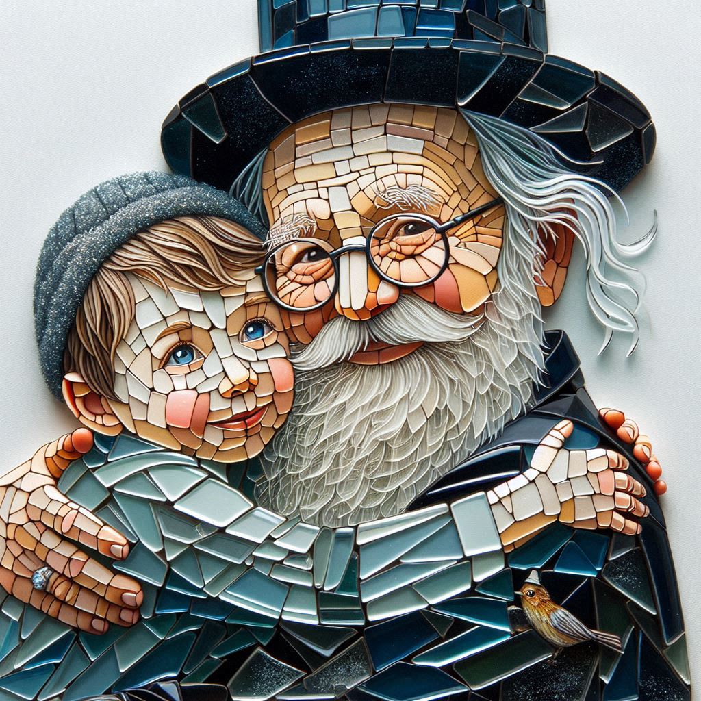 תמונה ריאליסטית העשויה משברי זכוכית צבועים של תקריב של חרדי יהודי זקן שעשוי מזכוכית מחבק ילד ...jpeg