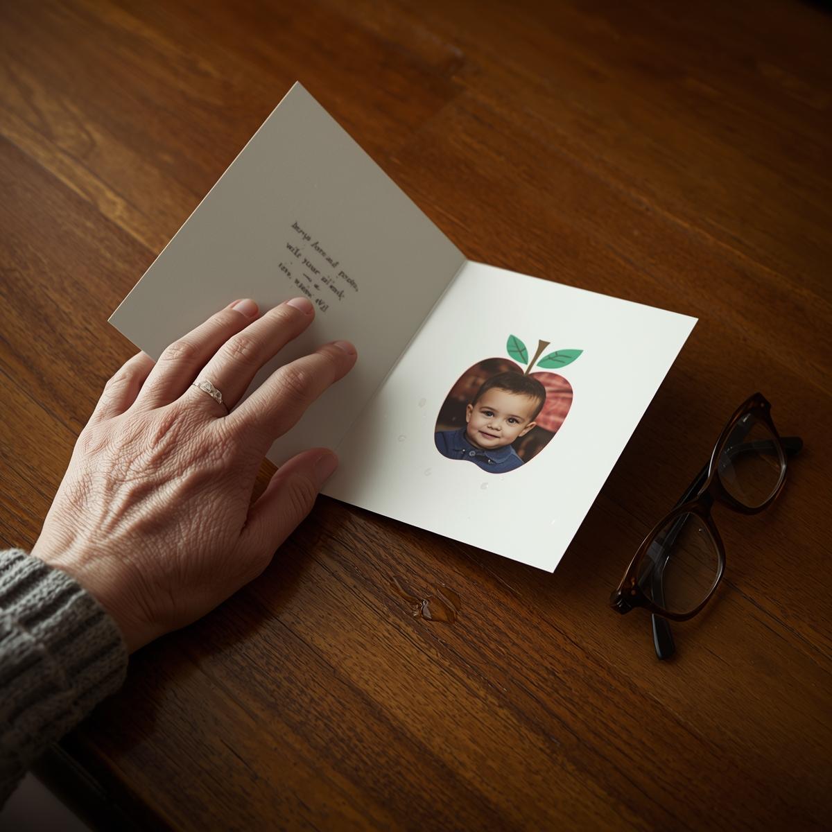 תמונה ריאליסטית מנוקדת מבט של המחזיק  שרואים רק כף יד של סבתא על שולחן שמחזיקה בכרטיס ברכה מתק...jpg