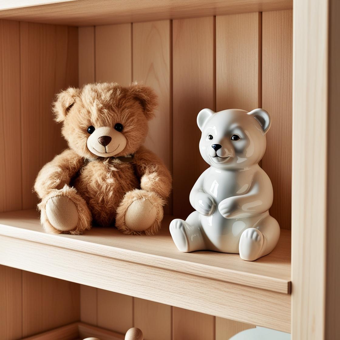 תמונה של מדף בחדר ילדים (הפוקוס יהיה על המדף) במדף יושב דובי פרוותי חמוד ולידו אותו דובי אבל ע...jpg