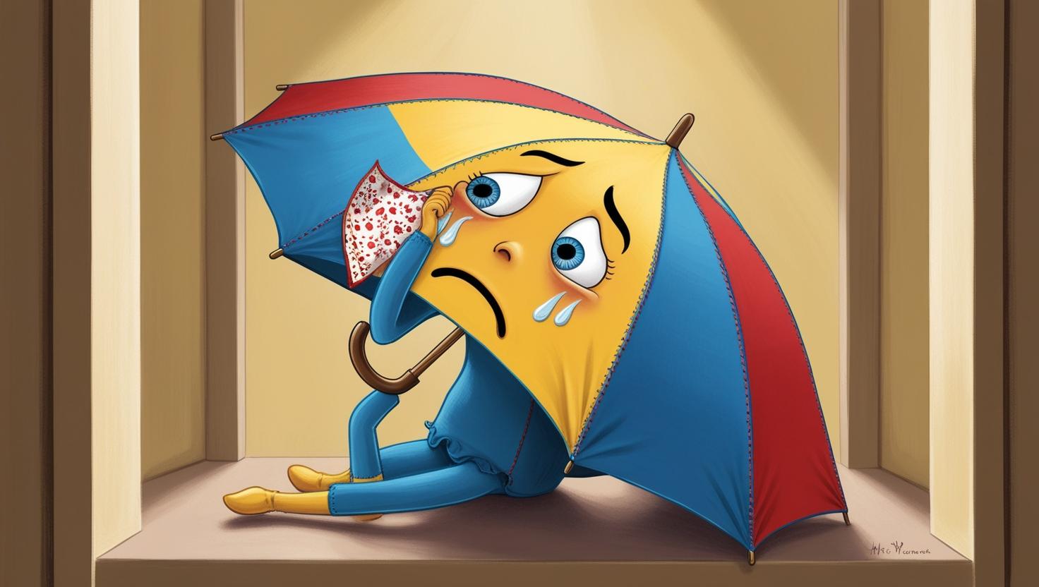 תמונה של מטריה צבעונית עם ידיים ורגלים. המטריה עם פנים עצובות יושבת בתוך הארון לבד ומוחה דמעות...jpg