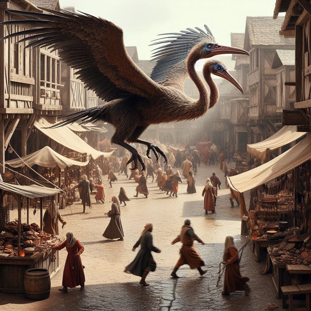 תמונה של ציפור  גדולה עם שני צווארים וראשים עפה באמצע שוק מימי הביניים עושה מאומה והופכת דוכנ...jpeg