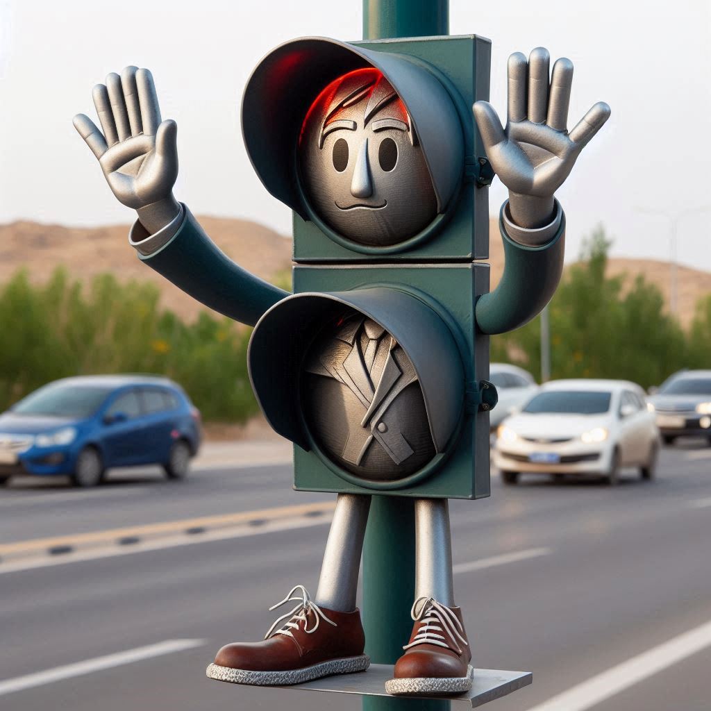 תמונה של רמזור בצורה של אדון הכביש. הרמזור מונפש כבן אדם מכובד, הוא מפוסל כאדם גוץ הלובש חליפ...jpeg