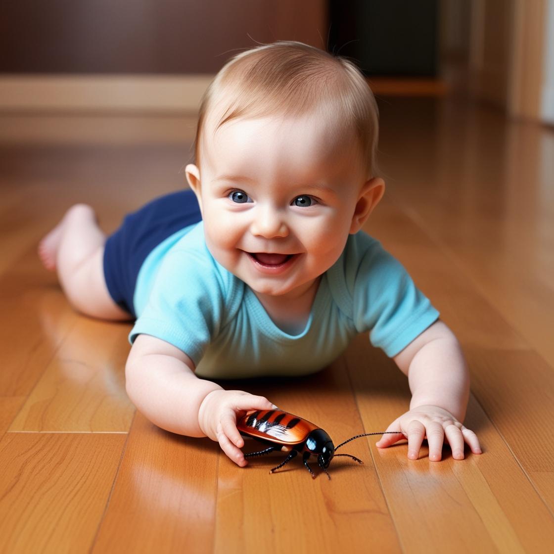 תמונה של תינוק עם שיער בהיר זוחל על הרצפה ומחזיק בידו ג'וק אמיתי קטן.jpg