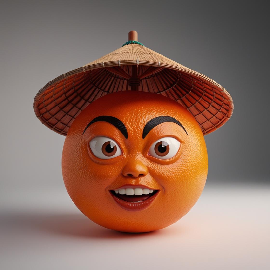 תפוז גדול ועסיס בתלת מימד עם עיניים מלוכסנות ממש  וכובע סיני מסורתי.jpg