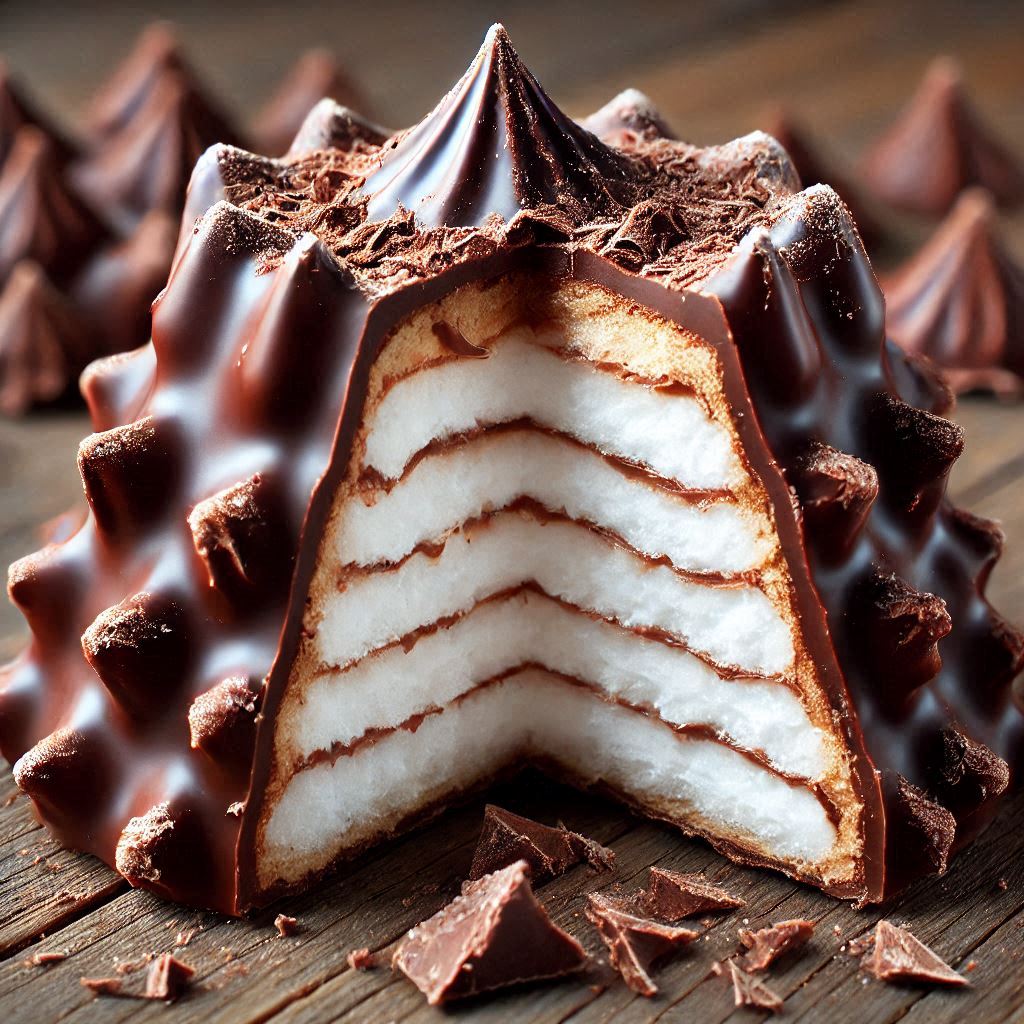 תקריב של, קרמבו אחד מצופה רק בשוקולד שחצוי לשניים. הקרמבו בצורה של הר.jpeg