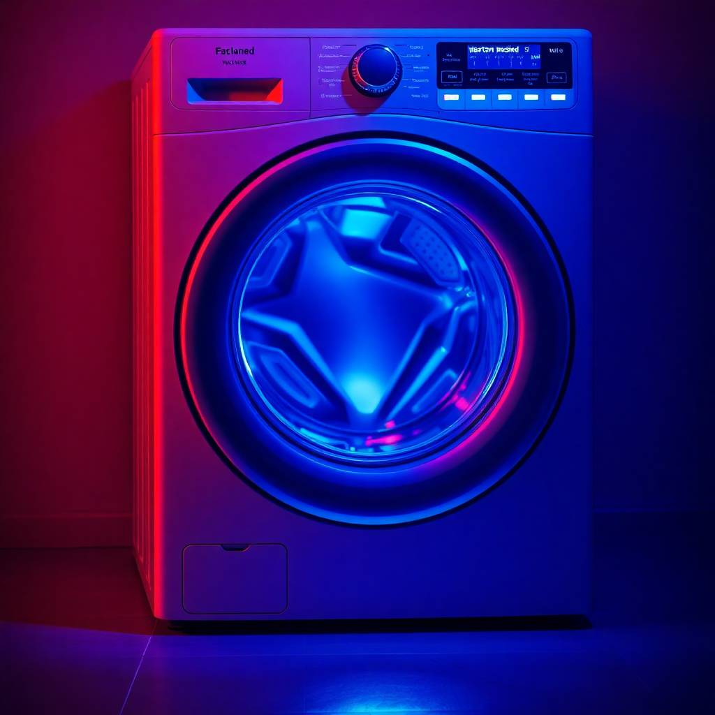Sophisticated and elegant image of a washing machine in glowing bioluminescent colors, rich burgundy and deep blue, with natural light effects and vibrant glow.