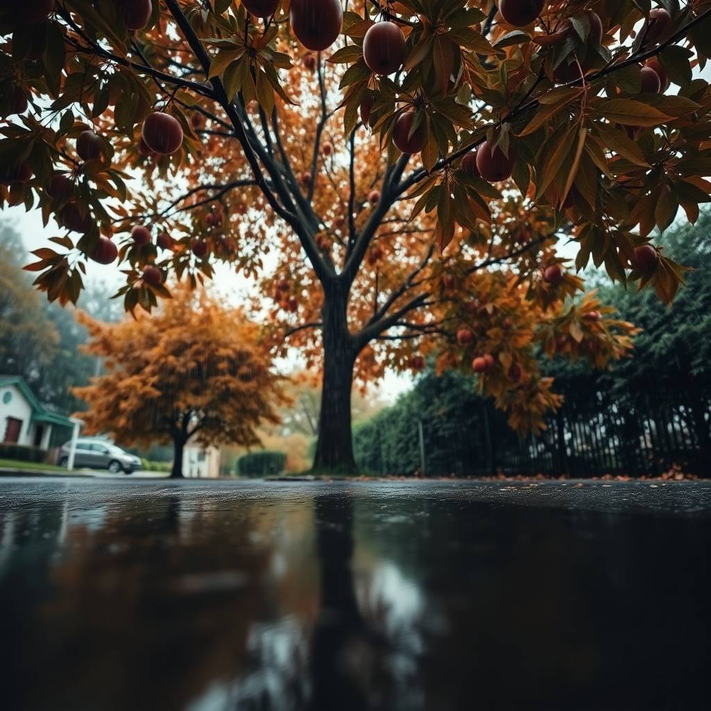 A low-angle perspective of a wet rainy scene featuring an apple tree in warm autumn colors, creating an earthy and cozy mood, with drizzling rain, reflective surfaces, and a dramatic upward view.