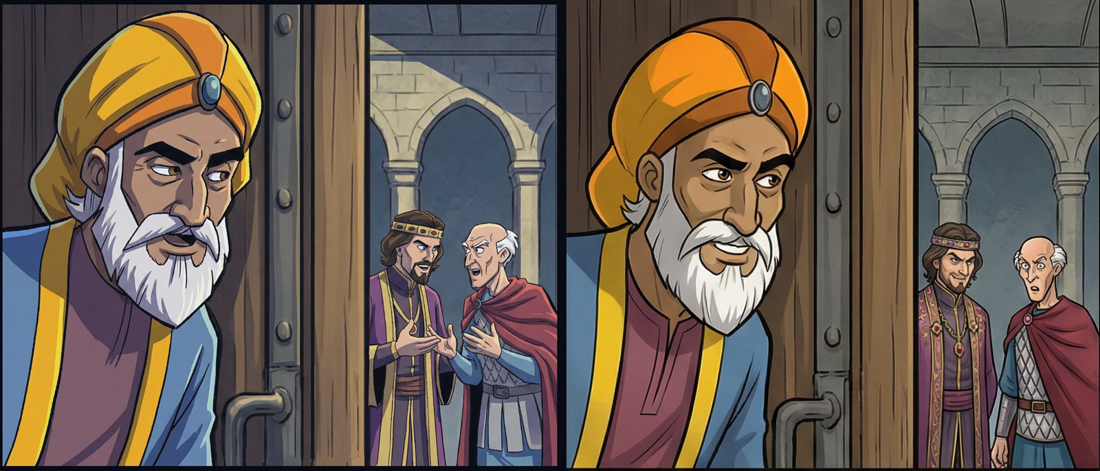 בתמונה: ימין לפני -הבינה נתנה את הדמויות מאחורי הדלת בתנוחה קפואה ומוזרה. שמאל - אחרי עבודה ידנית