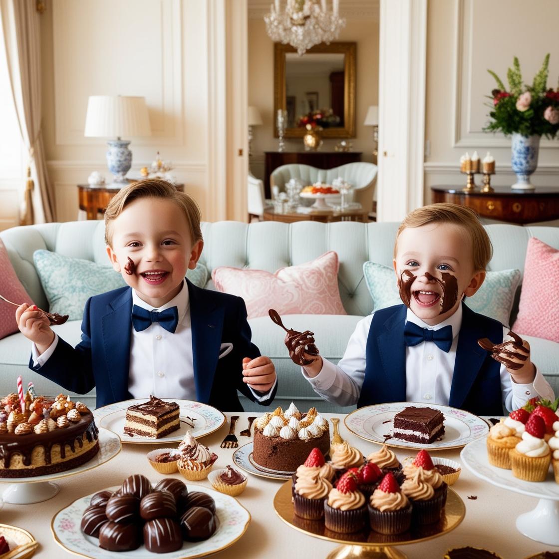 2 ילדים בגילאי 3 ילדה קטנה וילד חמוד לבושים בגדים נאים, יושבים בסלון לילד שולחן ערוך במיני מתי...jpg