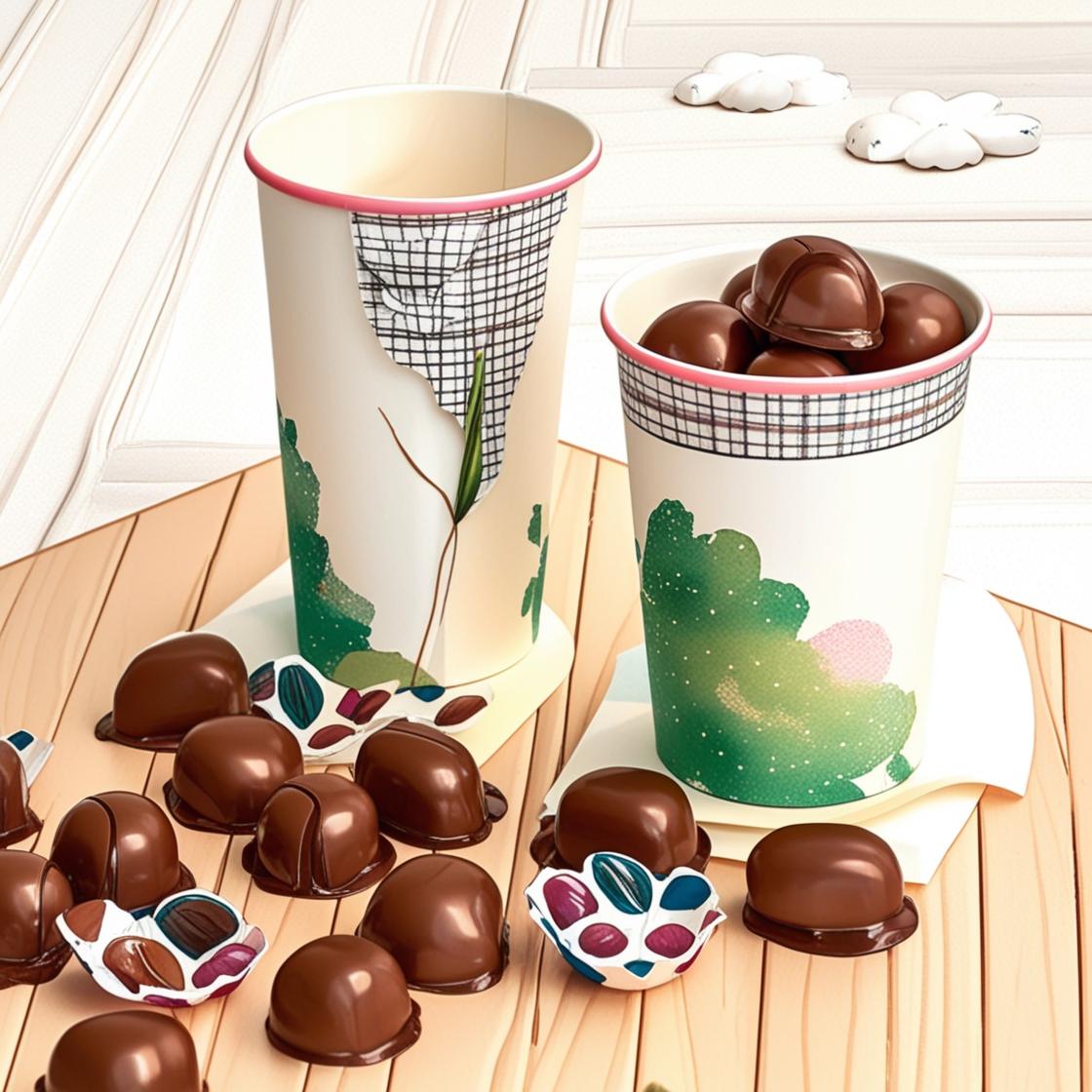 2 כוסות נייר גבוהות יפות ולידם פרלינים שוקולד טעימים ללא רקע תמונה בצבעי ורוד לבן מראה מכובד ו...jpg