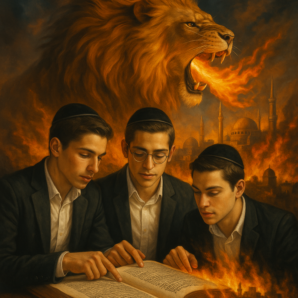 20250620_0231_Torah and Fiery Lion_simple_compose_01jy58e6nwe6cv0cxxgjdhv1h6.png