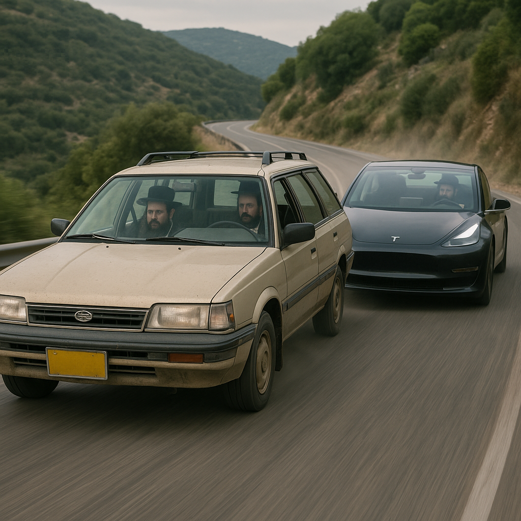 20250708_2207_Subaru vs Tesla Chase_simple_compose_01jznpxg82e2mbmvdp09wrt1g5.png