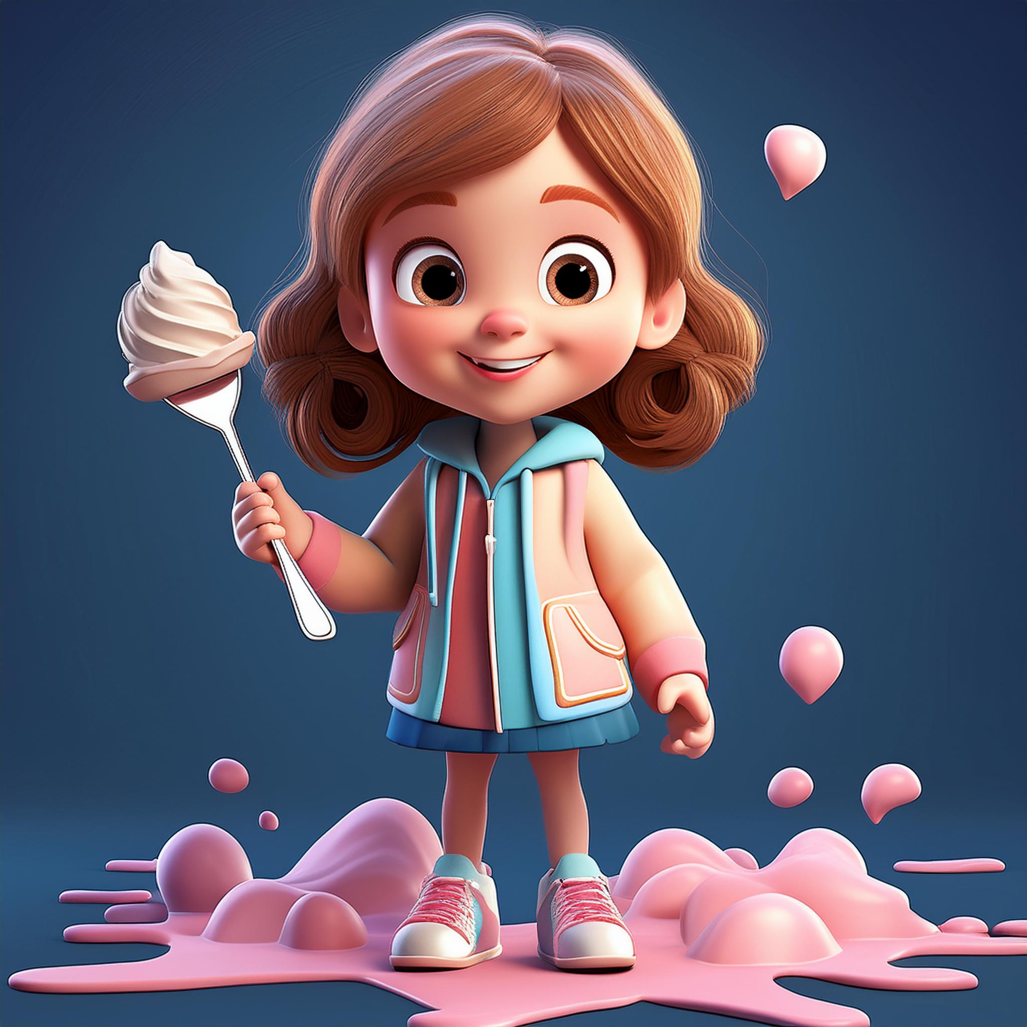 3D style, sweet girl eating ice cream with fork_and spots of ice cream on the clothes and the...jpeg