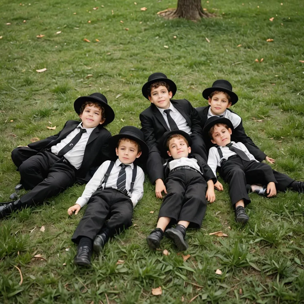 6 ילדים בנים חרדיים מצטלמים על דשא או משהו שנראה כתמונה משפחתית.png