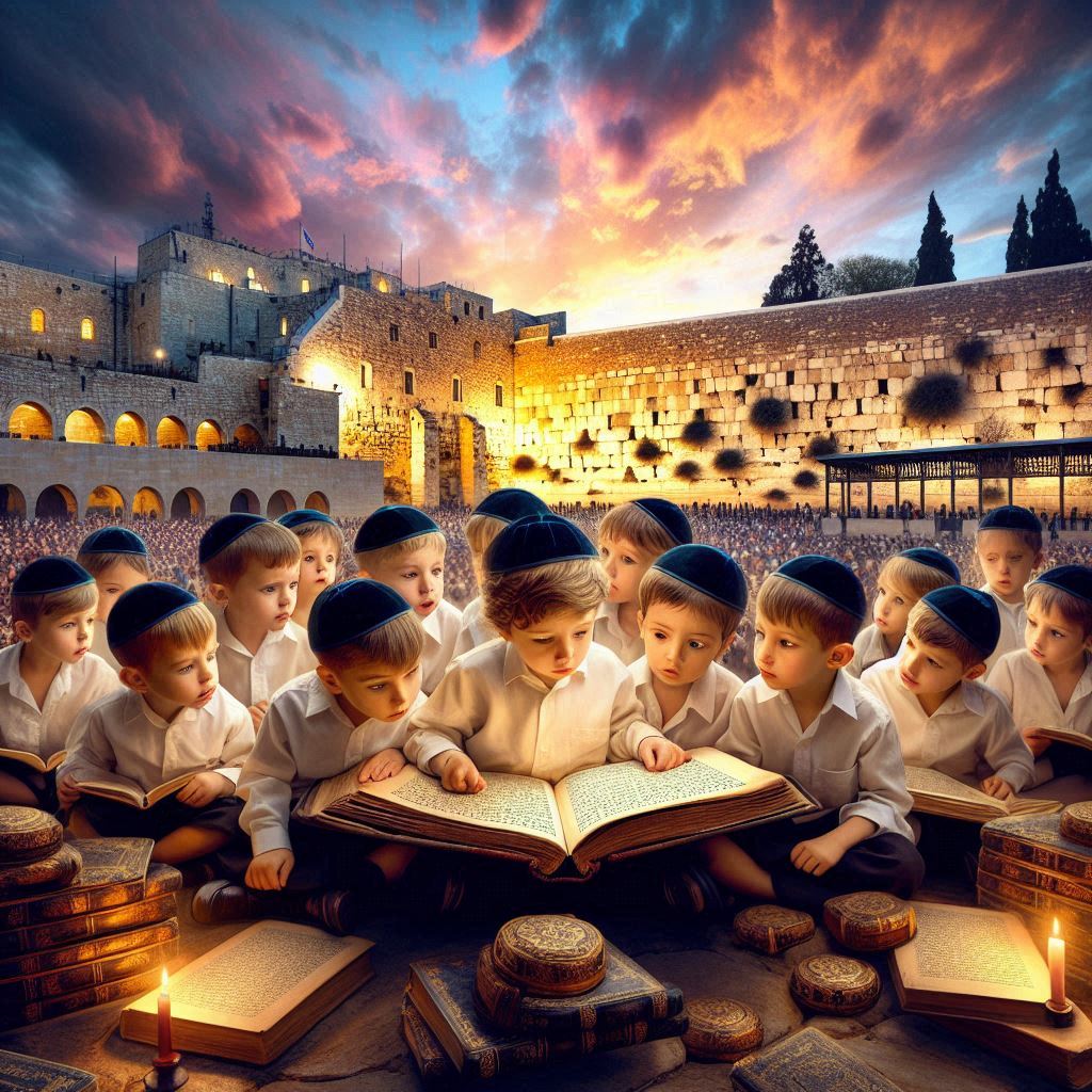 _תמונה אומנותית מרגשת על רקע הכותל המערבי. בקדמת התמונה יושבים מספר בנים קטנים ומתוקים, בערך ...jpeg