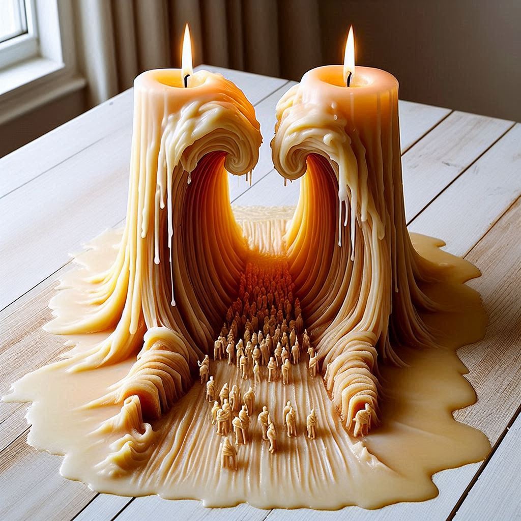 ______Two burning wax candles are standing on a table, and the melting wax drips down, formin...jpeg