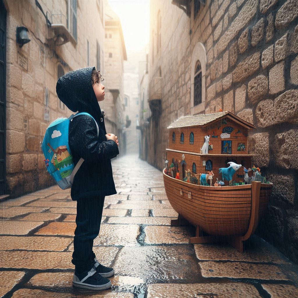 _A rainy afternoon in Jerusalem — narrow stone streets glisten beneath gray skies. A young Je...jpeg