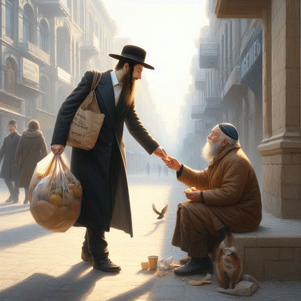 _A square-format, realistic painting. A Jewish man who does not appear outwardly religious, d...jpeg