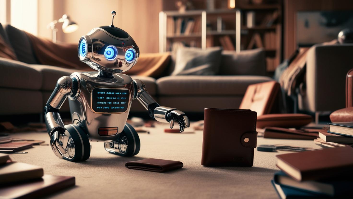A beautifully designed small robot searching for a wallet in a messy room, following an instru...jpg