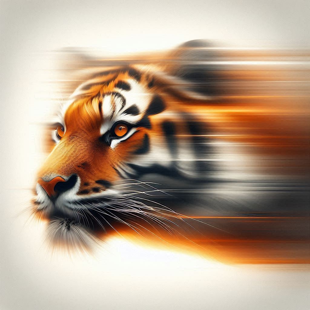A blurred image of a very impressive Asian tiger. Orange lighting behind the tiger blurs its ...jpeg